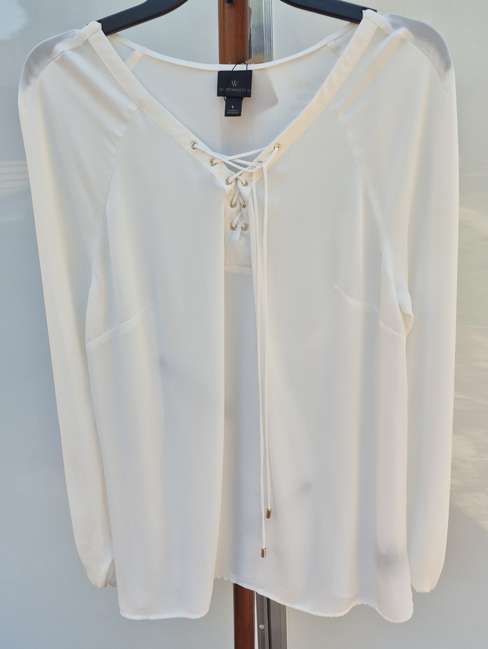 Worthington White Sheer Lace-Up V-Neck Long Sleeve Blouse Size L